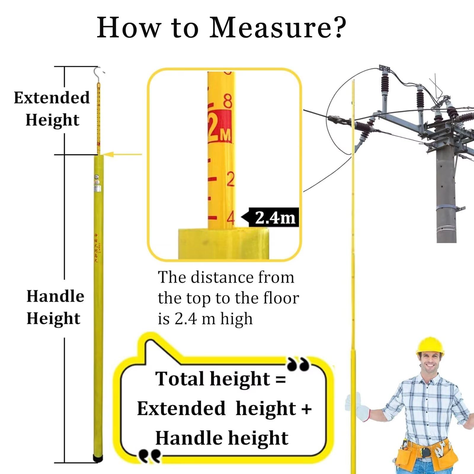 Genérico Vara de medición telescópica Industrial - Medidor de Altura Aislado para Servicios eléctricos, diseño de Gancho Plegable, Paquete de 3, Amarillo, 10 m/35,8 pies, Operaciones de