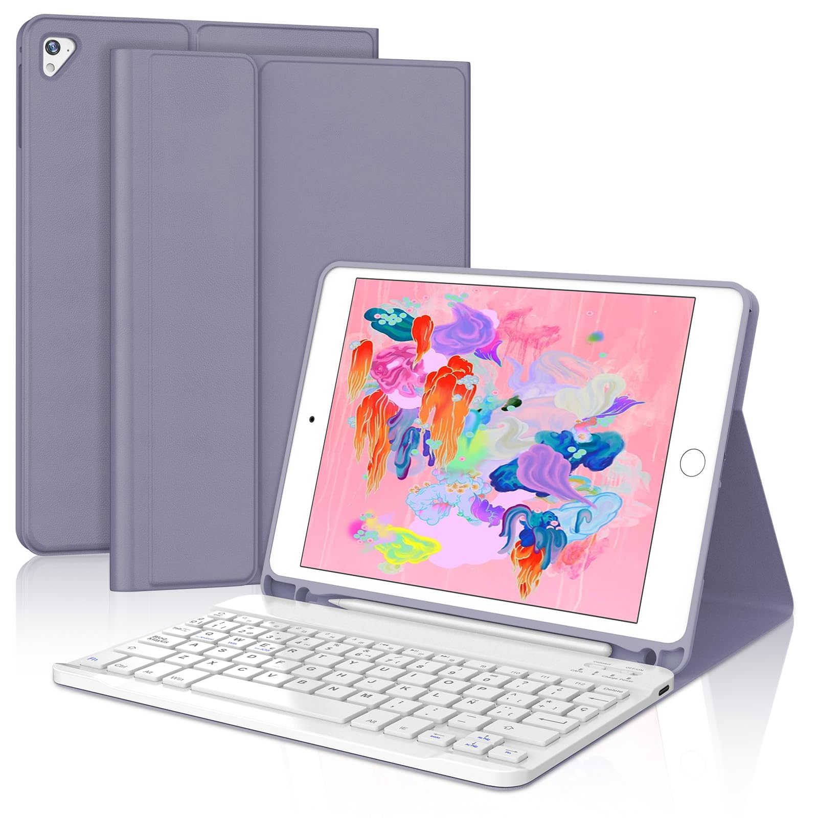 IVEOPPE Teclado iPad 6 Generación 9.7" 2018, Funda Teclado Español Ñ Bluetooth Magnética Wireless para iPad 6a/5a/Pro 9.7/Air 2/Air 1, Púrpura Lavanda