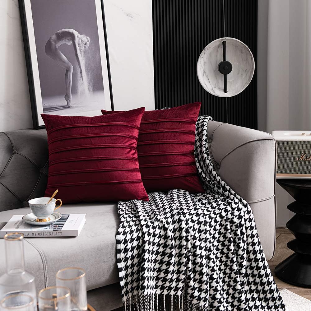 DEZENE Burgundy Red Throw Pillow Covers: 2 Pack Inch Cozy Soft Striped Velvet Square Decorative Pillow Cases for Couch