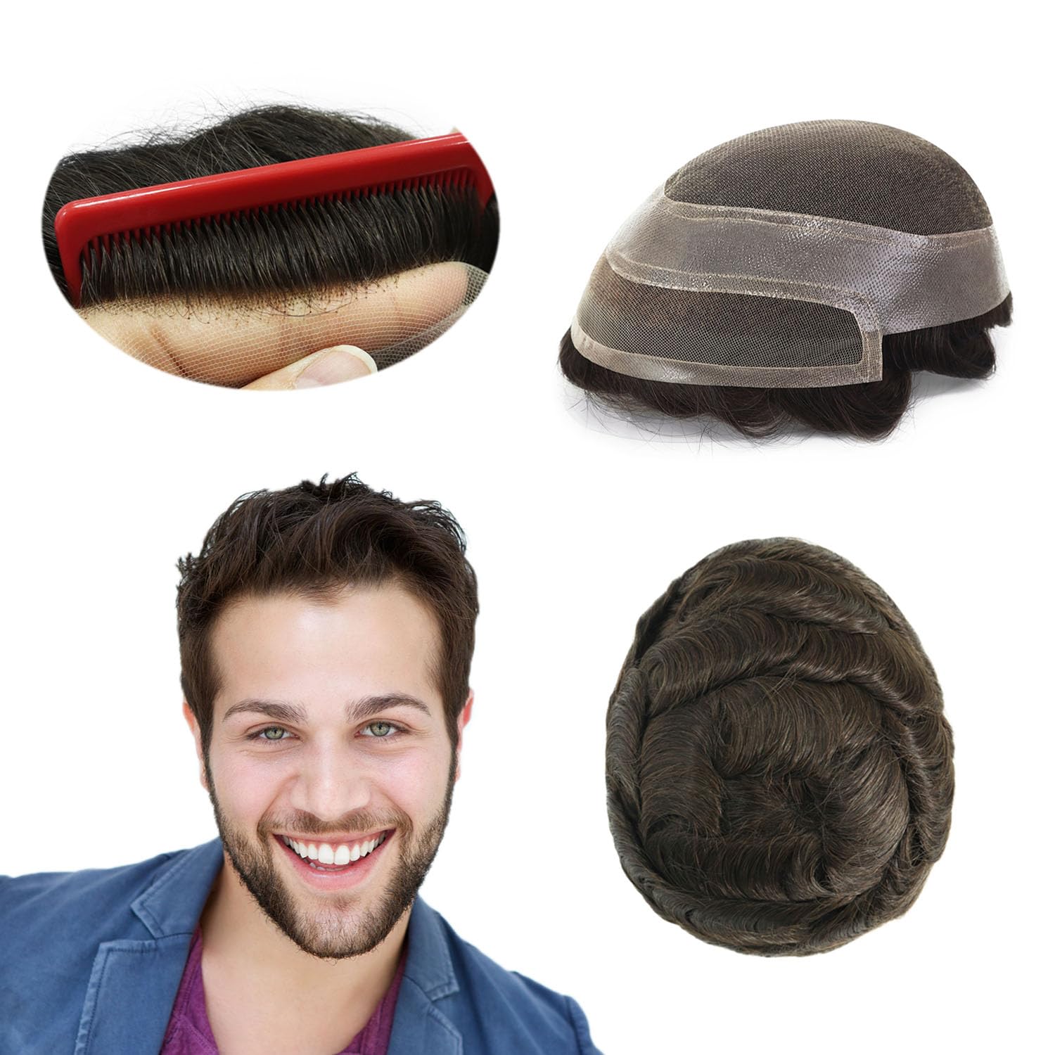 HAIR NATURE Human Hair Mens Toupee, Hair Replacement Unit, French Lace Front Hair Systems, Poly Skin Hair Pieces 8x10#3
