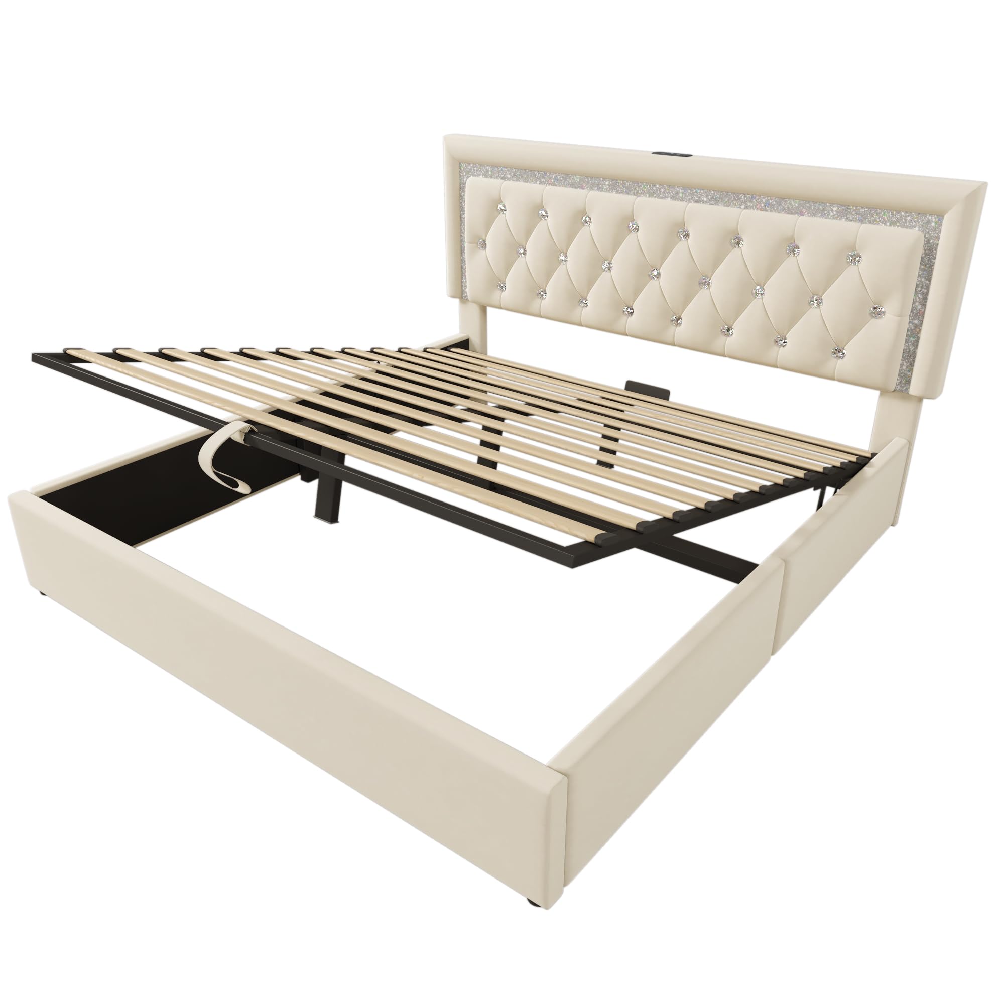Lubvtti Cama acolchada con LED, estación de carga USB y tipo C, cama de matrimonio con contenedor hidráulico, estructura de cama con somier de láminas, terciopelo (beige, 160 x 200 cm)
