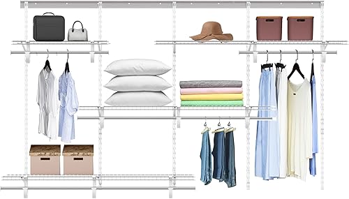 Miniatura 9 de Sistema organizador de armario de 5 a 8 pies, estante de alambre de metal ajustable blanco montado en la pared, kit de organización y almacenamiento