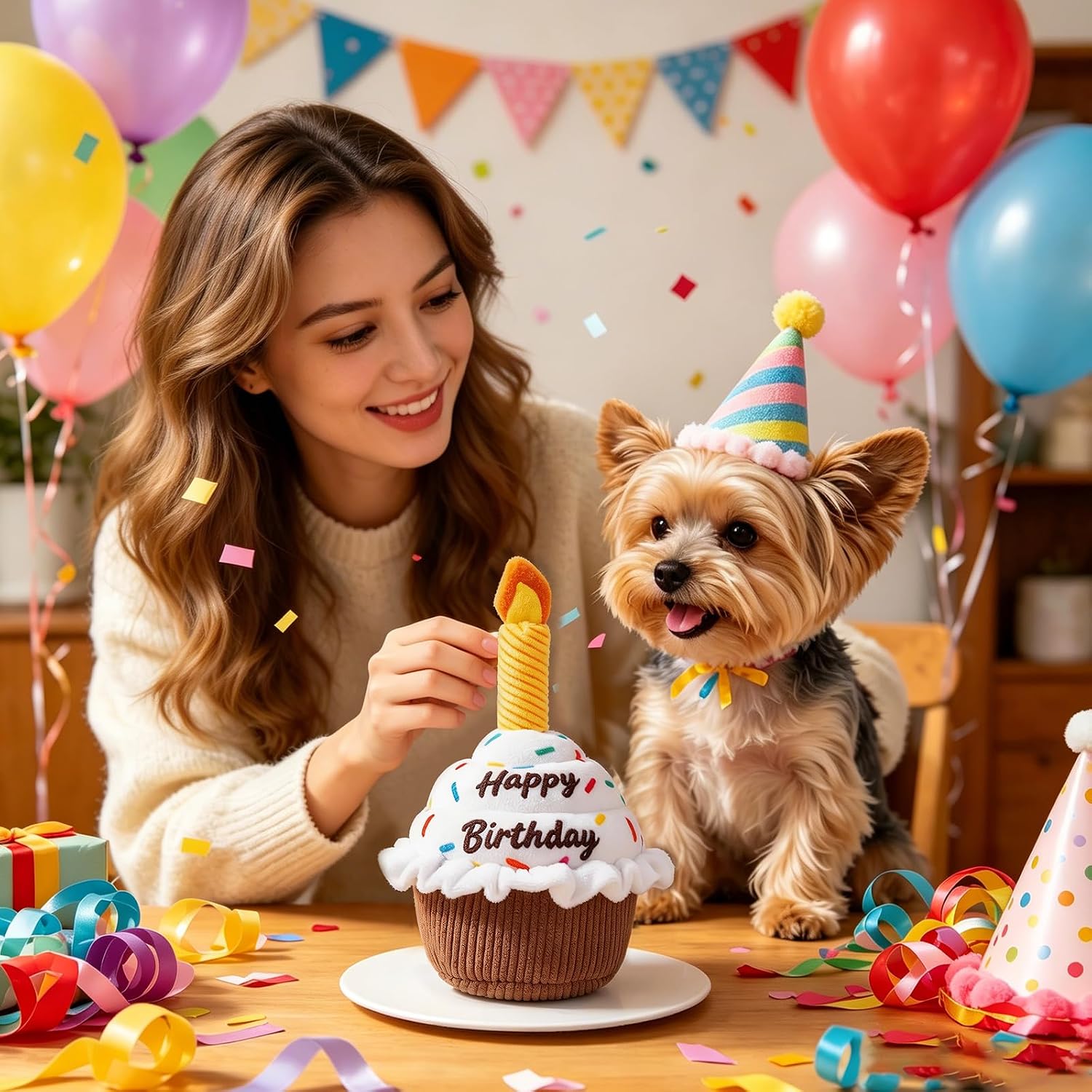 wodoca Dog Birthday Cake Toy, Squeaky Plush Chew Toy for Small to Medium Dogs, Realistic Birthday Party Decor & Puppy Gift for Interactive Play, Teeth Cleaning