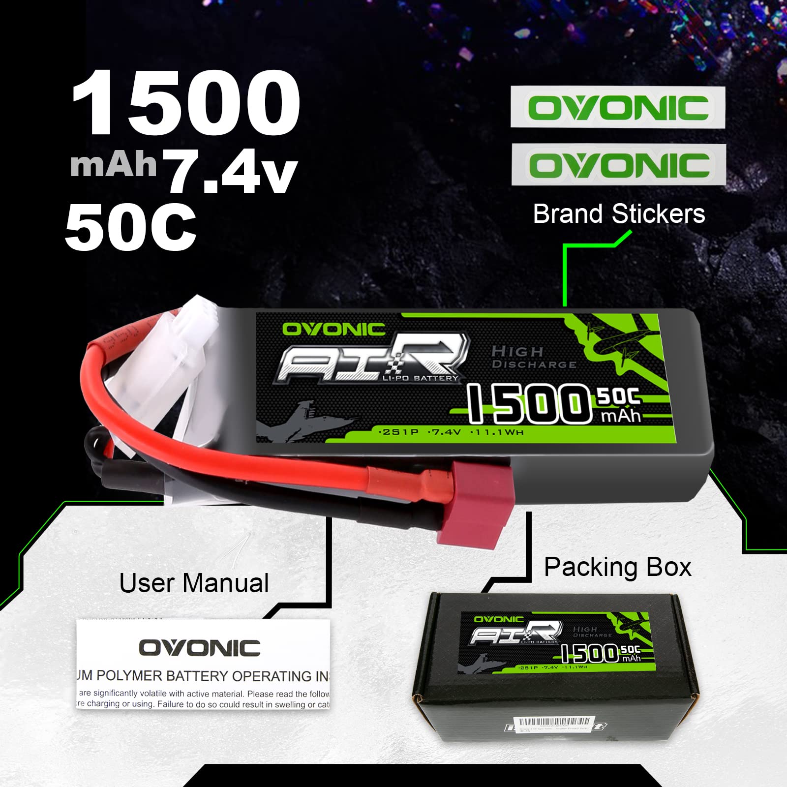 OVONIC 2S Lipo Bateria 7,4V 50C 1500mAh JST do RC Model