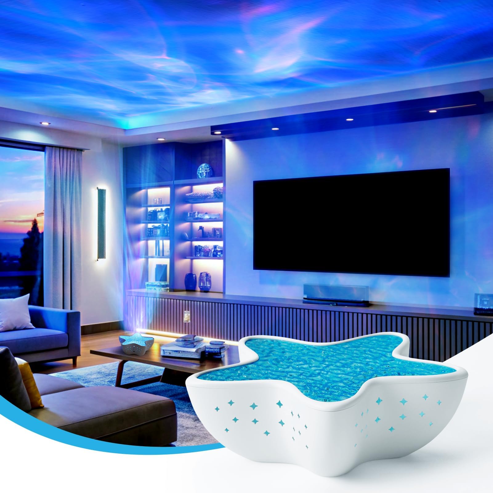 Proyector LED de cielo estrellado con efecto aurora – Lámpara de luz polar para niños y adultos, luz nocturna de ondas de agua con regulación continua, proyector de estrella de mar, luz ambiental