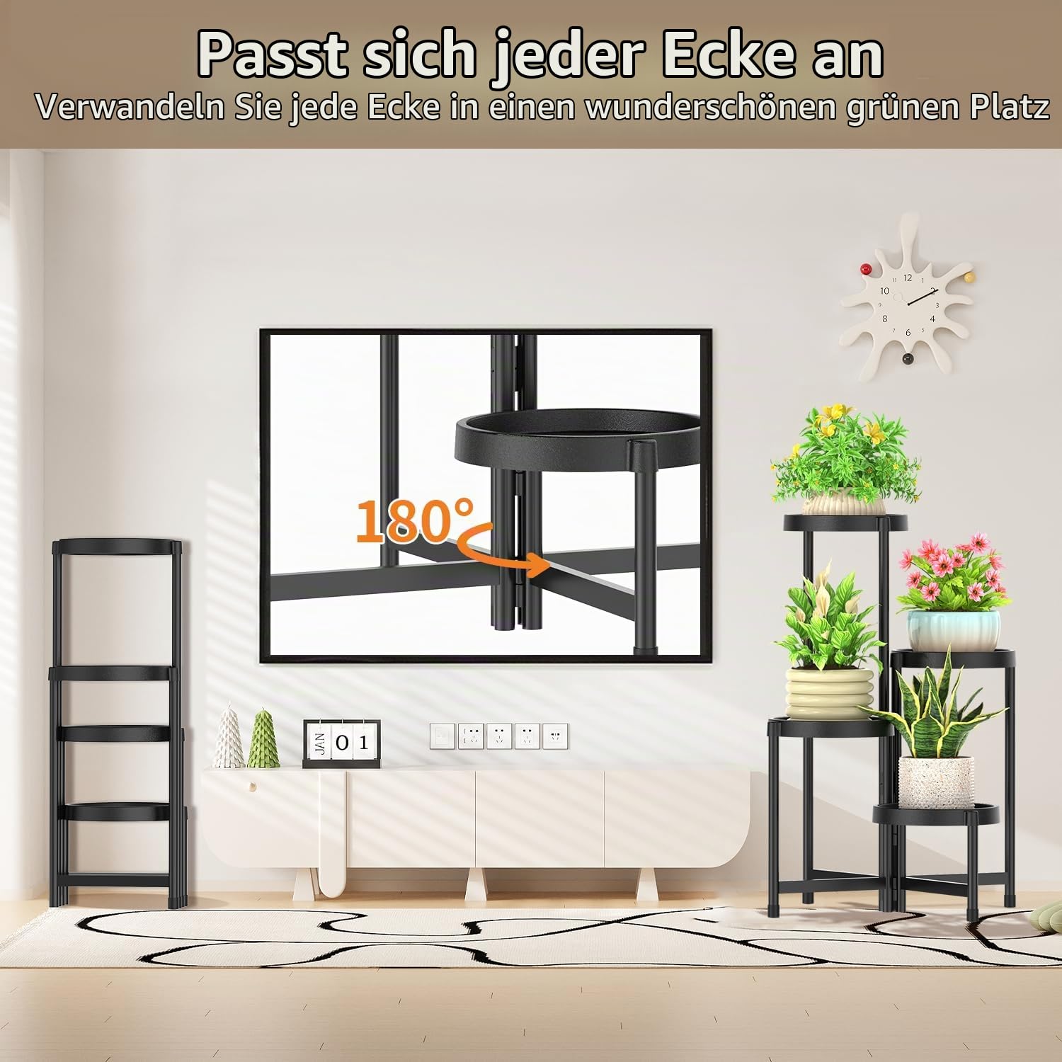 Blumenständer Pflanzenständer Pflanzenregal Outdoor Indoor Schwarz | 4-Stufiger Metall Mehrstöckig Pflanzenregal Blumenregal Pflanzentreppen für Zimmerecke, Wohnzimmer, Balkon, Terrasse, Hof