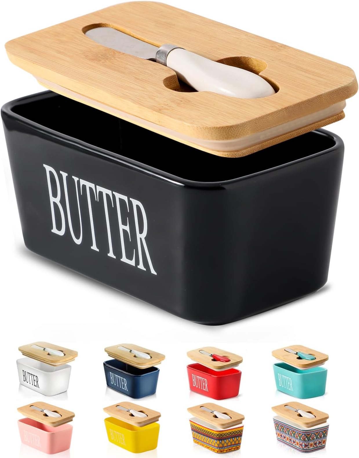 Hasense Butter Dish with Lid, Ceramic Butter Dish with Knife for Countertop, Airtight Covered Butter Keeper Container, Large Black Butter Holder for Refrigerator,Black