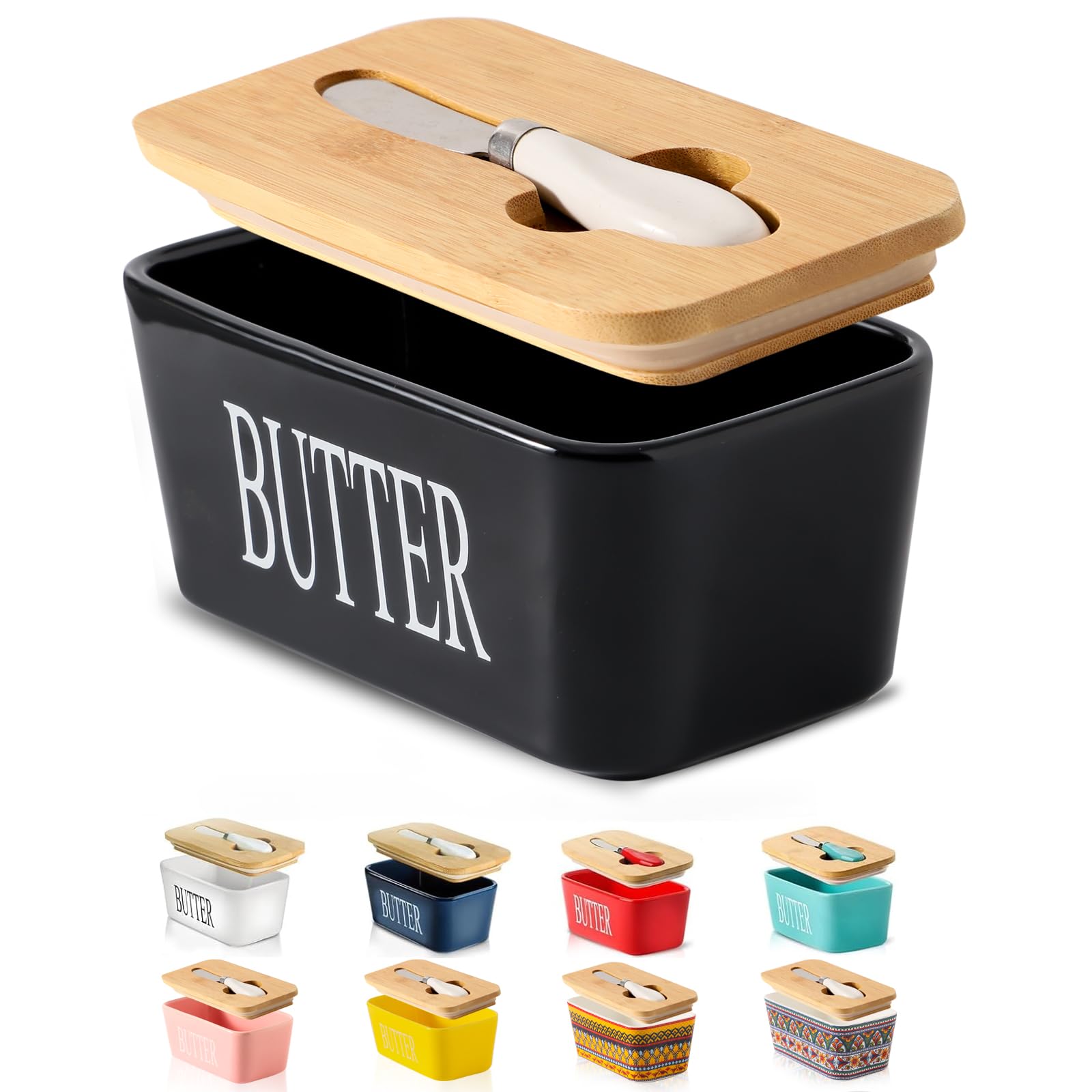 Hasense Butter Dish with Lid, Ceramic Butter Dish with Knife for Countertop, Airtight Covered Butter Keeper Container, Large Black Butter Holder for