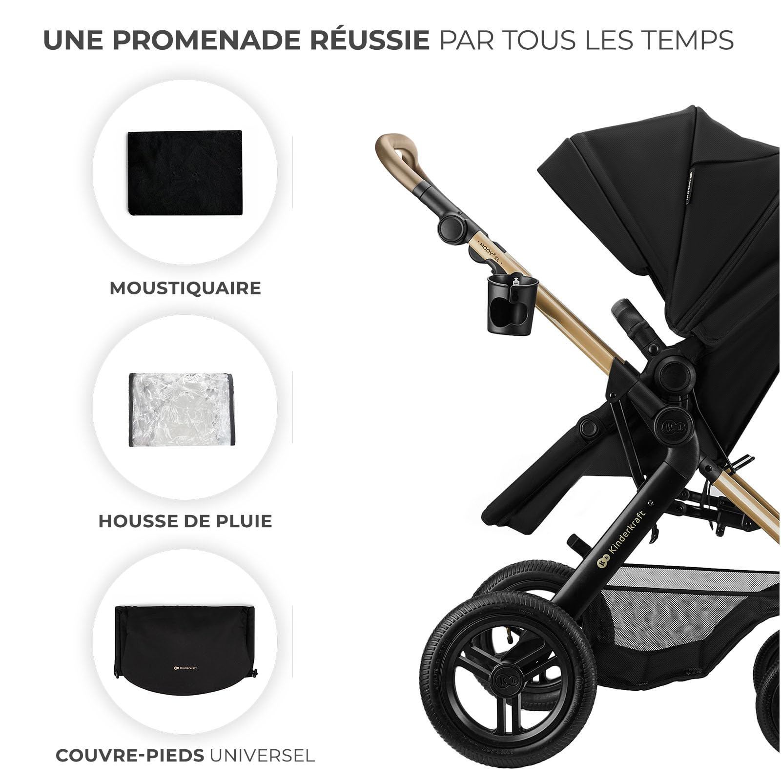 Kinderkraft MOOV XL 3 en 1, Poussette jusqu'à 27 kg, Landau, Avec siège I-SIZE 40-75 cm, Pliable, Absorption des chocs, Convertible, Nacelle XL, Avec accessoires, Noir