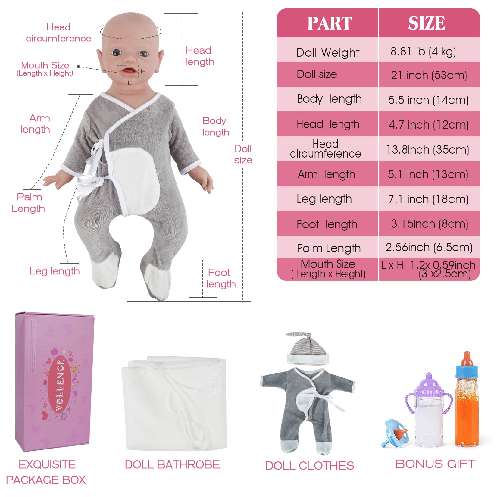 Vollence 53 cm Bambola Completamente in Silicone, Non Bambole in Vinile, Bambole Che sembrano Reali, Bambole Reborn, Bambola Neonato, Bambole Realistiche - Ragazzo