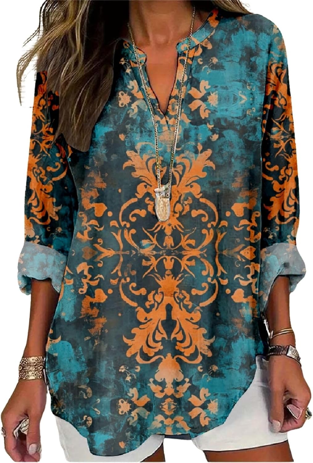 Women’s Long Sleeve Floral Print Shirts V-Neck Casual Loose Fit Vintage Printed Blouses Elegant Lightweight Top