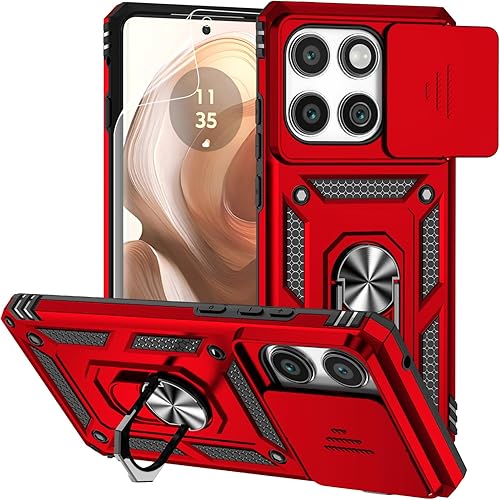 for Motorola Edge 2025 Case, with Camera Lens Cover HD Screen Protector, Dual Layer Military-Grade Drop Tested Magnetic Ring Holder Kickstand Protective Phone Case for Motorola Moto Edge 2025 (Red)