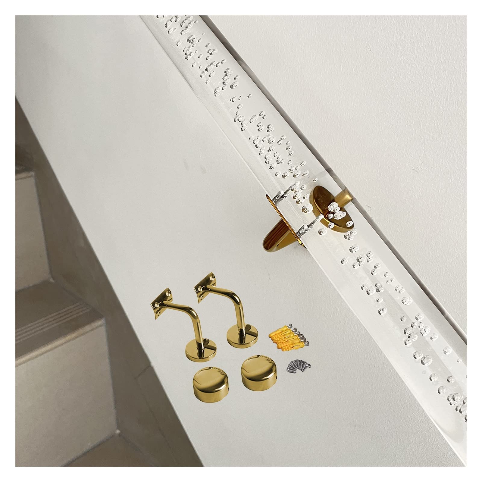 Customizable Clear Acrylic Stair Handrail Kit - Wall Mount, Non-Slip, Adjustable Lengths from 1.6ft to 20ft(Gold Bracket,50cm(1.6ft))