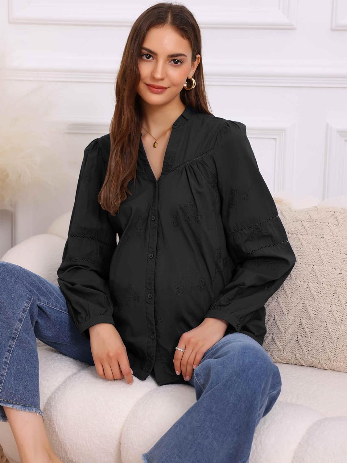 Womens Cotton Maternity Button Down Shirts Long Sleeve Delicate Jacquard Eyel Blouse Casual Nursing Blouse - Image 2