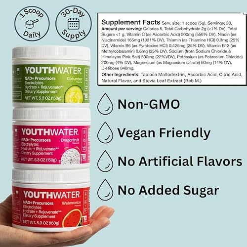 Miniatura 4 de NAD+ Polvo de electrolitos  Hidratación celular y apoyo de longevidad  Sabor a sandía  5 calorías, sin azúcar añadido, sin OMG, vitaminas y