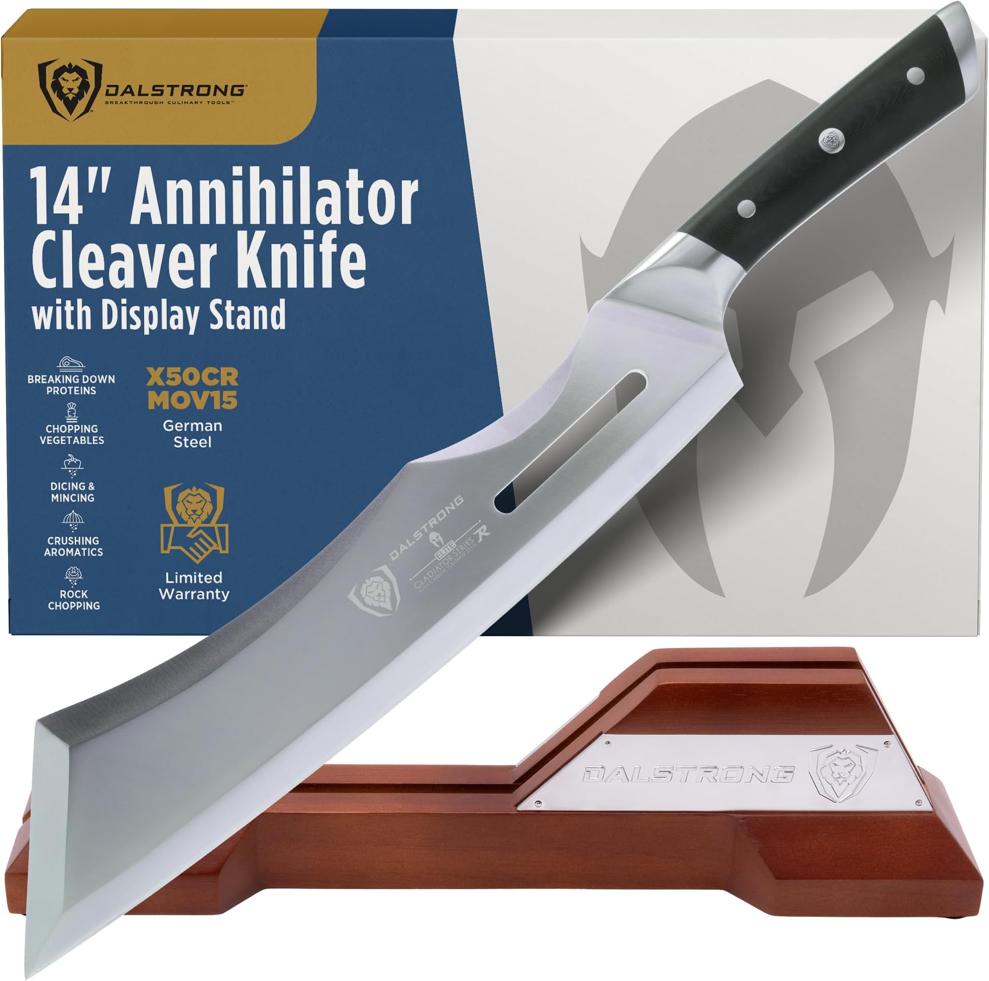 Heavy Duty Cleaver Knife - 14" Blade - Gladiator Series R - The 'Annihilator' - 14" - 7CR17MOV High Carbon Steel - G10 Handle - w/Stand & Sheath