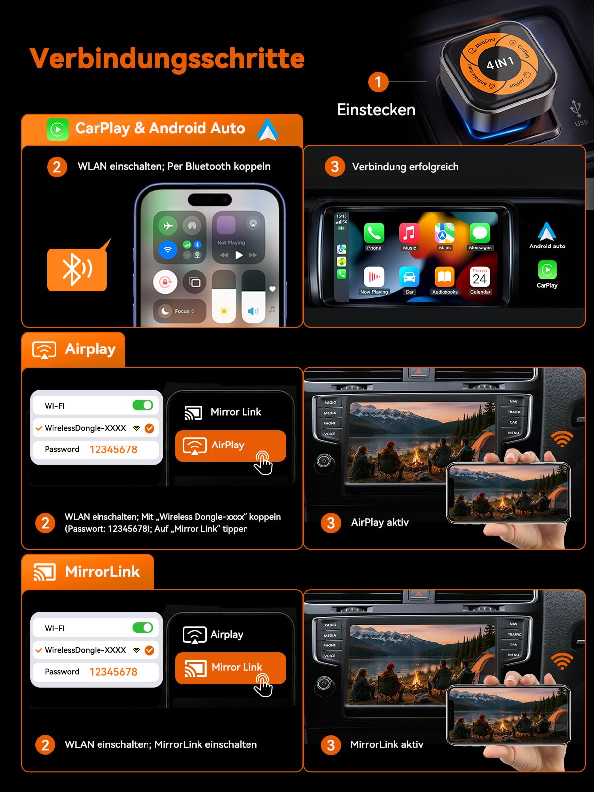 4-in-1 Wireless CarPlay Adapter für Apple CarPlay & Android Auto, AirPlay & MirrorLink Bildschirmspiegelung, Wired zu Wireless Car Play Adapter, 5.8GHz WiFi Bluetooth 5.4, Plug & Play, USB-A/C，Orange