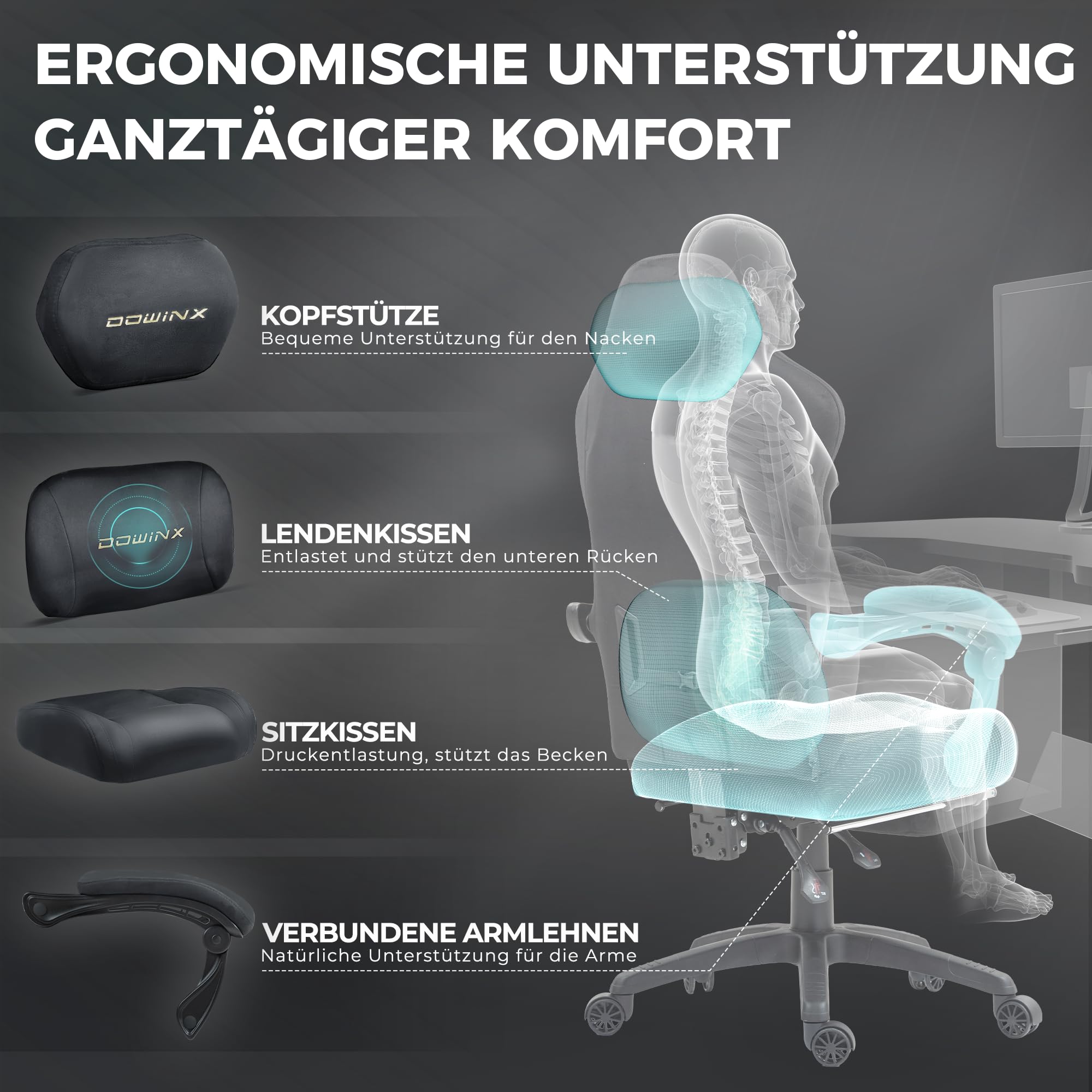 Dowinx Silla de gaming ergonómica con cojín lumbar de masaje, reposacabezas regulable en altura, acolchado de asiento grueso, reposapiés extensible, reposabrazos ajustables, terciopelo de microfibra