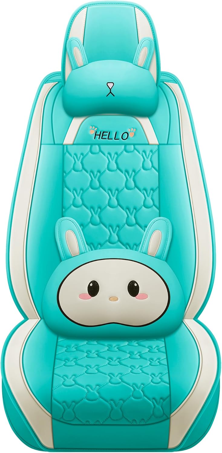 INZU Cute Cartoon Rabbit Comfortable Car Seat Covers with Waterproof PU Leather Suitable for Most 5 Seats Cars SUV and Pick-up Truck Universal Fit Set (Blue & Green)