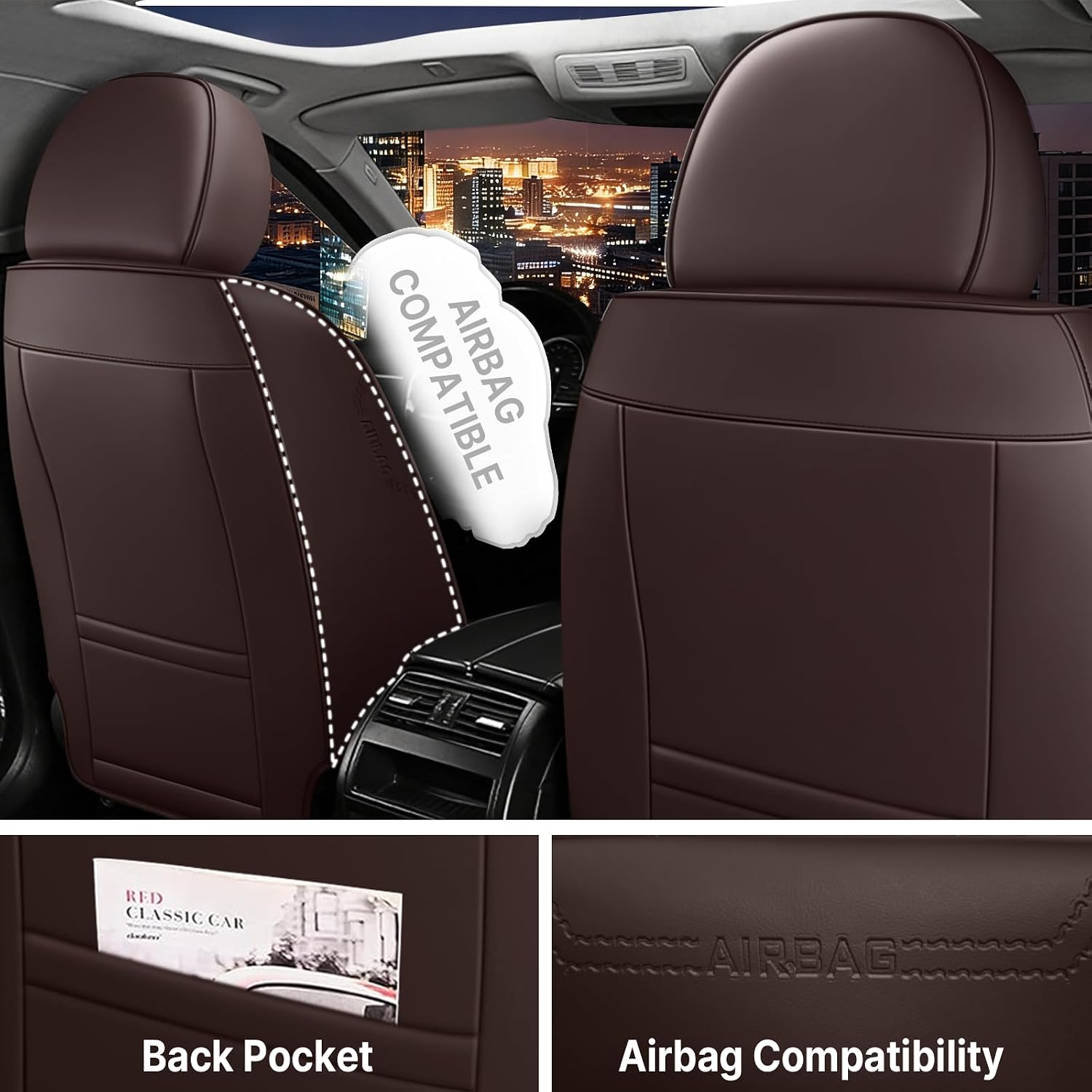 Car Seat Covers Fit for 99% Kia Models Water Resistant Seat Protection Full Leather 360-Degree Wraparound Seat Covers, Wear-Resistant and Easy to Install 5-Seat Standard Brown