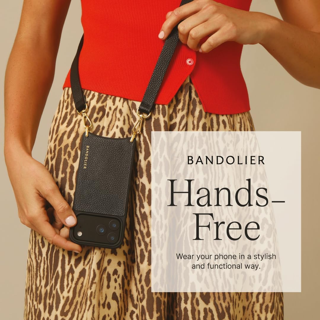 Bandolier Remi Crossbody Phone Case for iPhone 17 Pro Max. 100% Genuine Pebble Leather. Black with Gold Hardware. Removable Wallet. Adjustable & Removable Strap. Magnetic Backing. Magsafe Compatible.