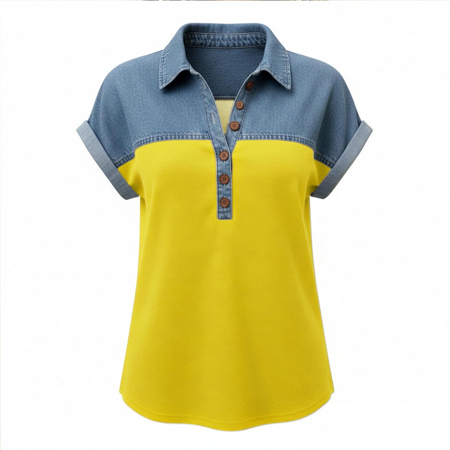 Womens Short Sleeve Collared Shirt Color Block Denim Patchwork Top Button Henley Casual Loose Fit Summer Blouse