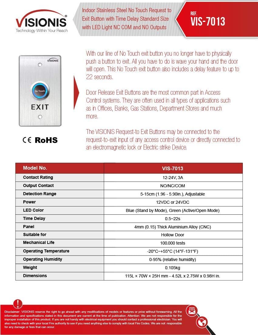 Visionis VIS-7013 Indoor Stainless Steel No Touch Request to Exit Button with Time Delay Standard Size with LED Light NC COM and NO Outputs