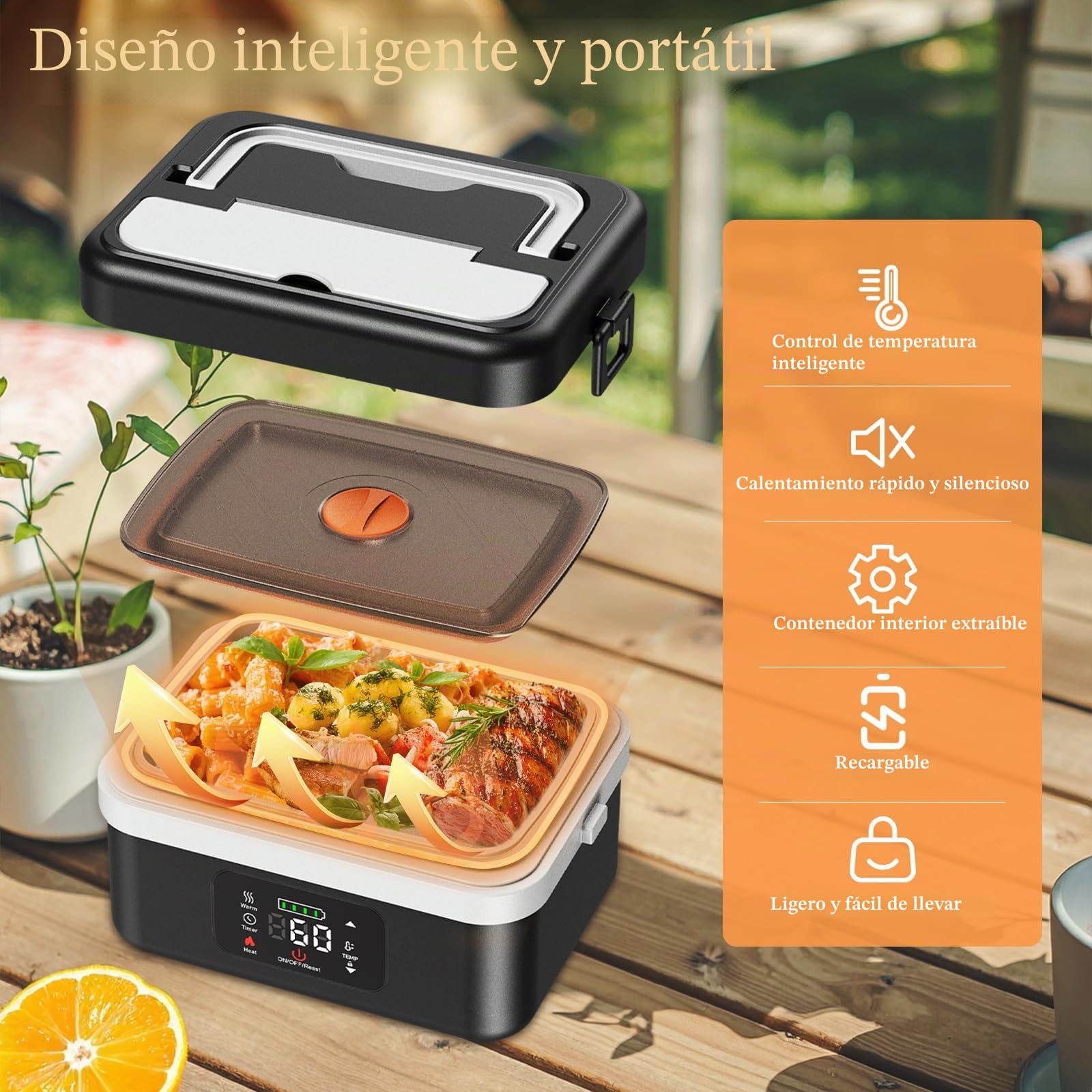 Fiambrera Eléctrica, Recargable Taper Electrico Para Comida de 16 000 mAh, Calentador de Alimentos portátil de 1 l con Calentamiento Automático para Oficina, Picnic, Coche y Uso al Aire Libre