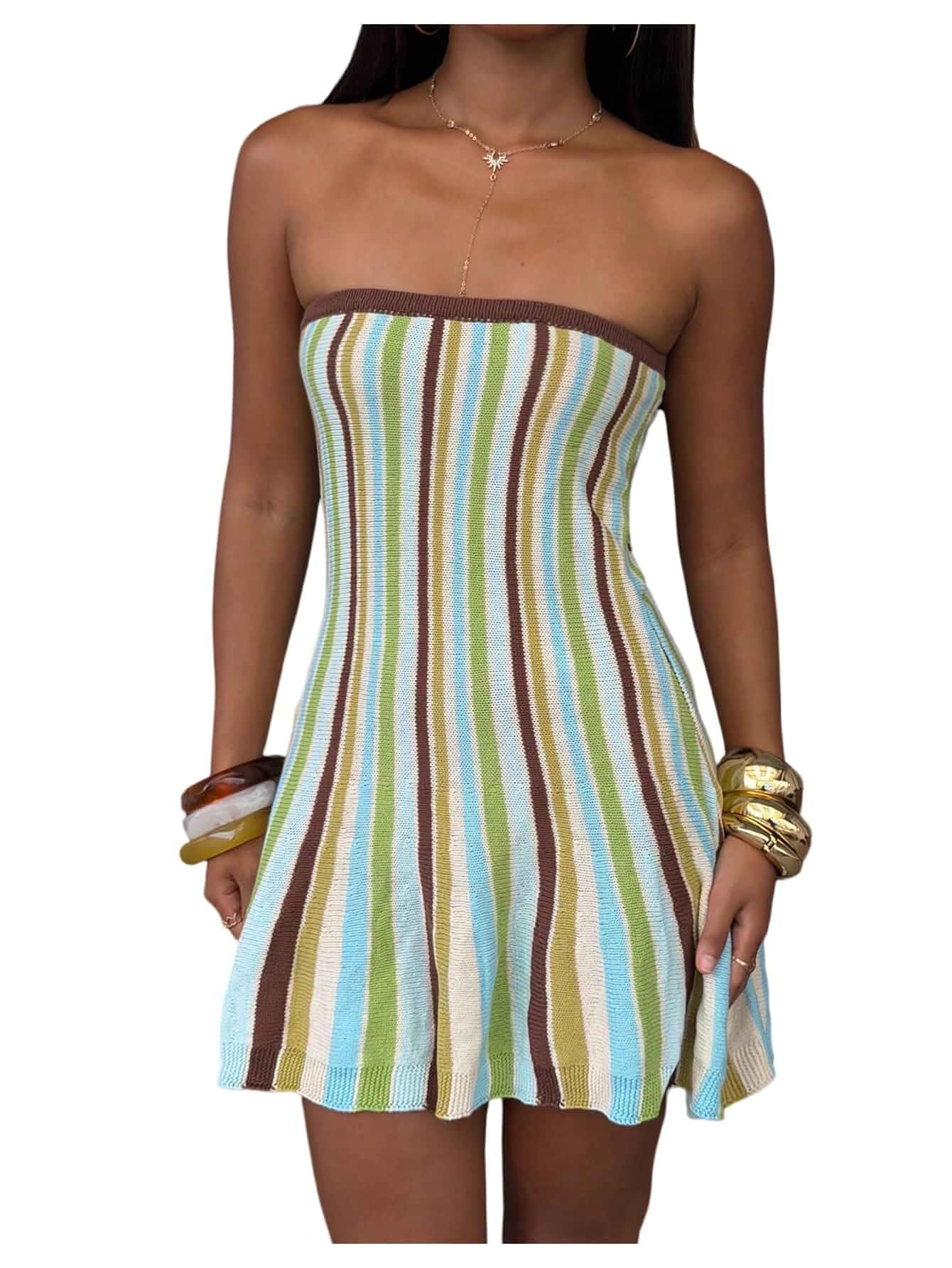 GORGLITTER Women's Striped Sweater Dress Y2k Strapless Mini Knit Dresses Colorful, Color Block, Backless, A Line, Going Out Dresses, 2000s Clothes, Cute Vacation Fall Outfits