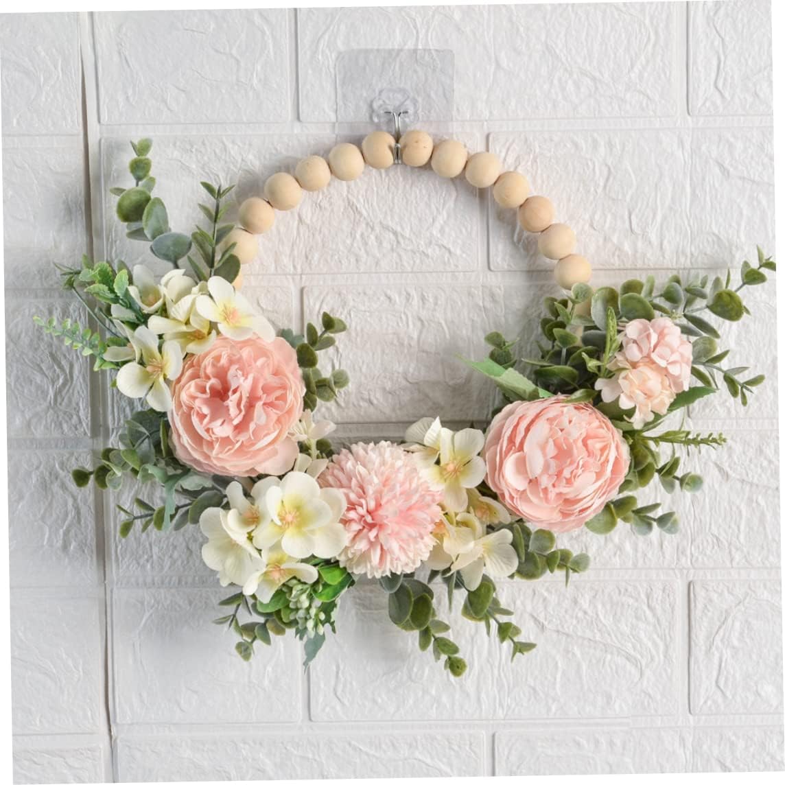 Wood Bead Floral Wreath Artificial Flower with Eucalyptus Leaves Hanging Hoop Wreath for Wedding, Jouets Pour Enfants