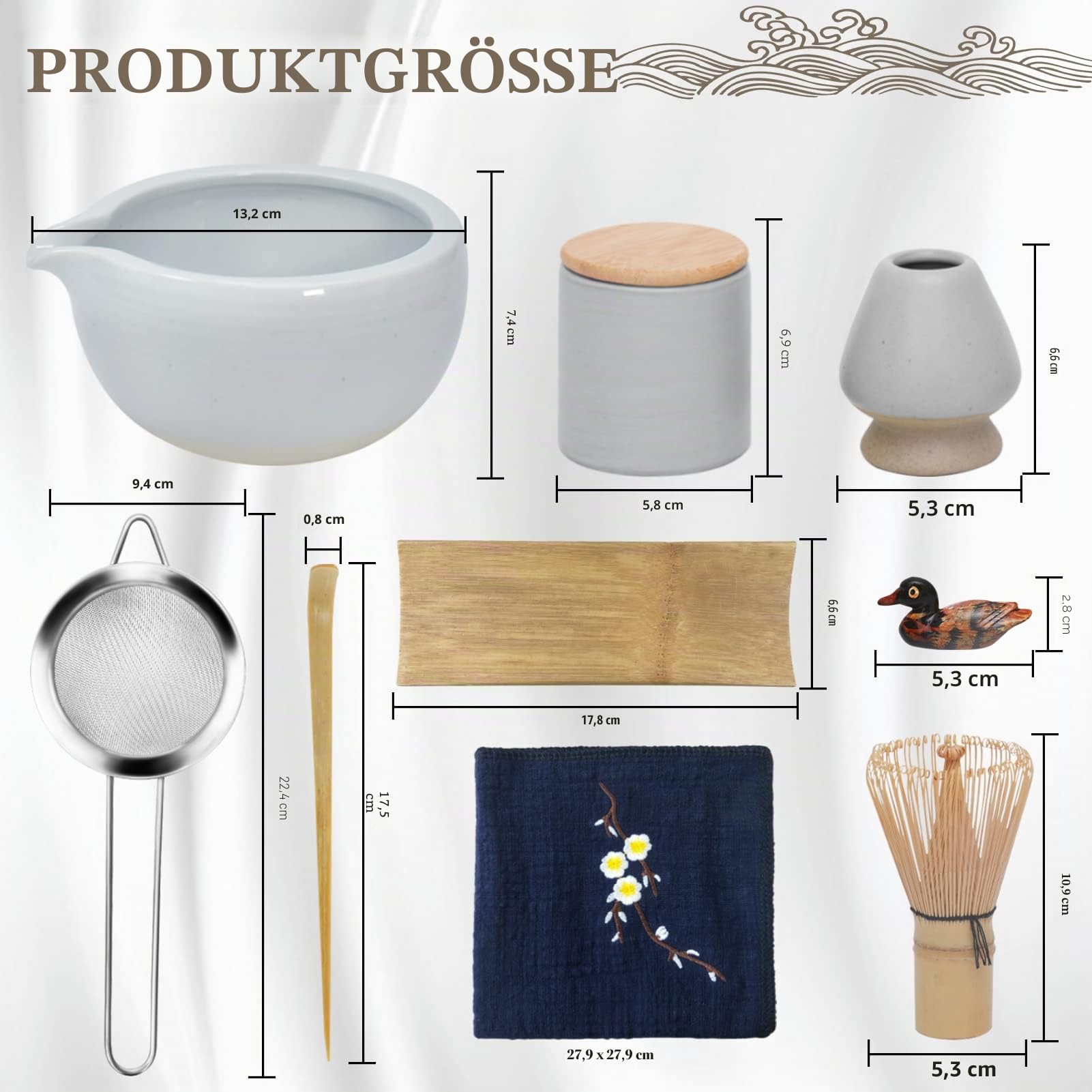 Artcome 9-teiliges japanisches Matcha-Teeset, Matcha-Schüssel mit Ausgießer, Matcha-Schneebesen, Keramik-Schneebesen, Teeschaufel, Matcha-Pulverbehälter, traditionelles handgefertigtes
