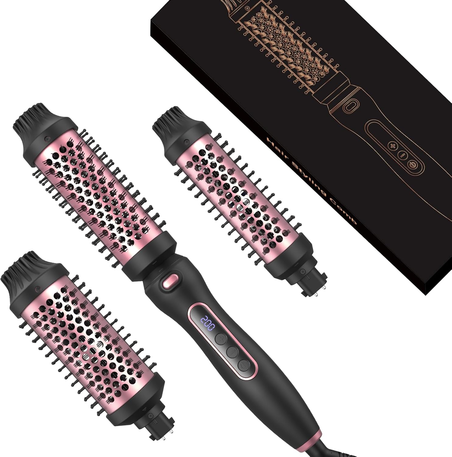 Thermal Brush Set 3-in-1 Curling Iron Brush Set, Dual Voltage 110-220V Thermal Hair Brush with 11 Temp Settings, 3 Interchangeable Travel Curling Irons (1.25“, 1.5”, & 1.75" Barrels) (Black)