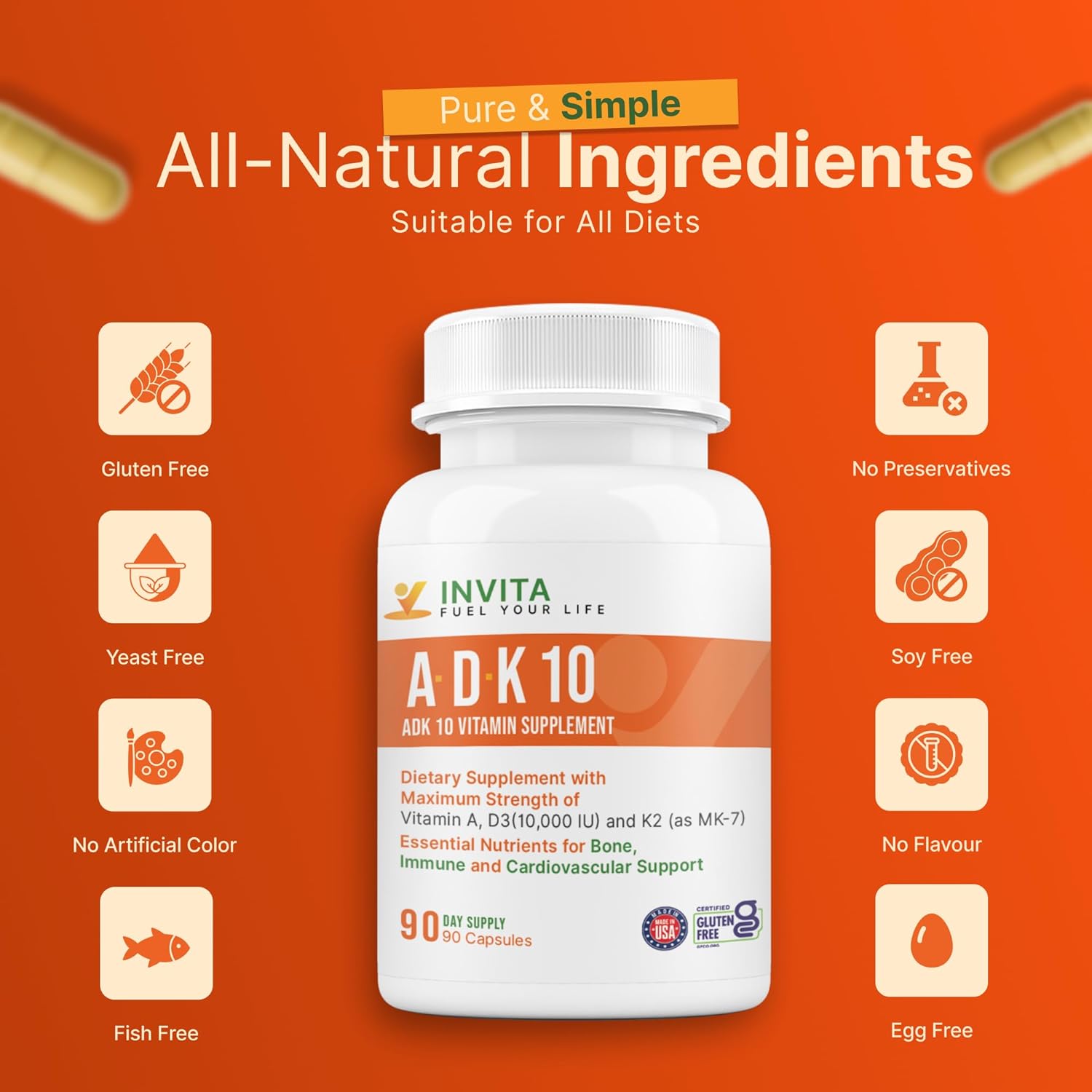INVITA, ADK 10 Vitamin Supplement – 90 Capsules – High Potency of Vitamin A, D3 10,000 IU & K2-MK7 – Physician Formulated ADK for Bone, Heart & Immune Support – Non-GMO, Gluten Free (3-Month Supply)