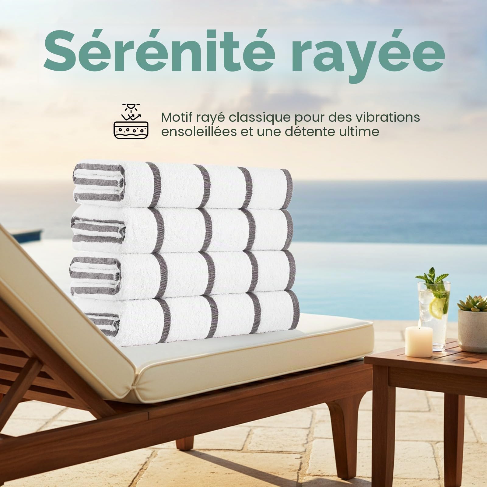 Casa Copenhagen 4 Serviettes de Plage/Piscine Coton 75x150cm Blanc et Beige | Cabana serviettes 100% coton égyptien (150 x 75 cm) pour salle de bain, piscine et plage (coffret cadeau femme et homme)