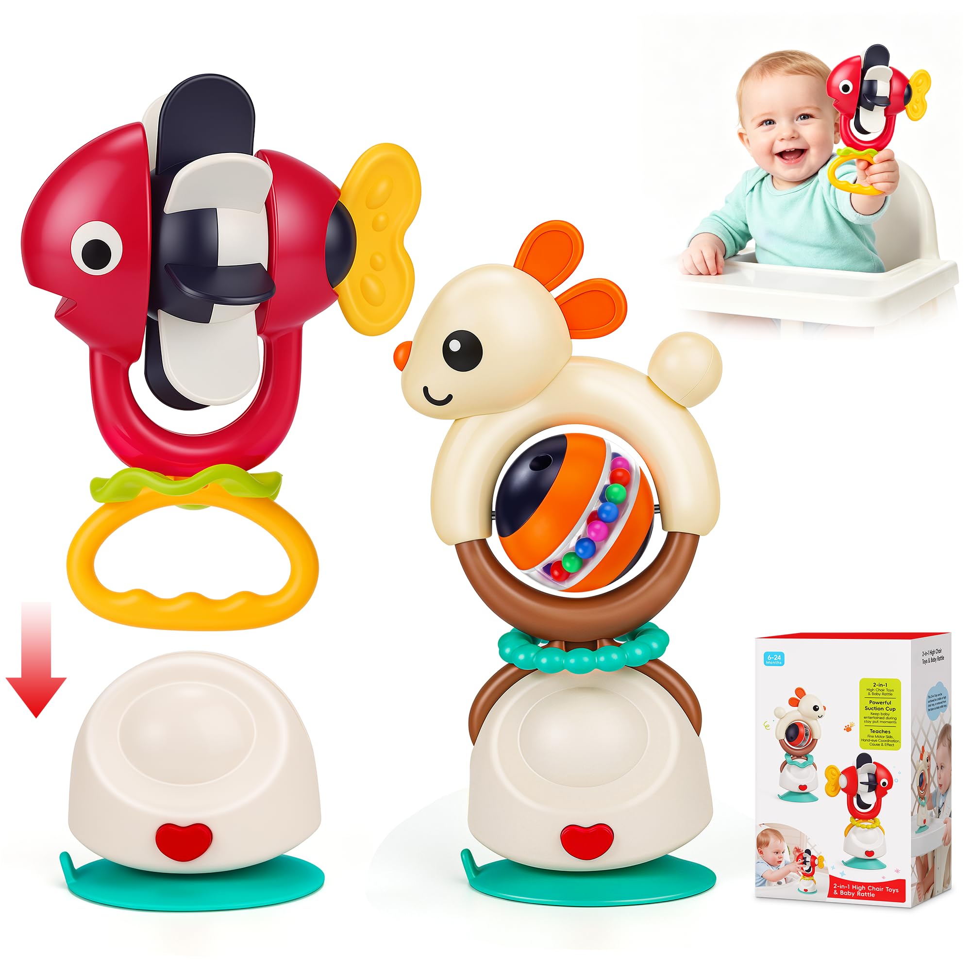 Aolieh 2-in-1 Suction Cup Baby Toys, High Chair Spinner and Handheld Rattle Set, Sensory Activity Toys for Fine Motor Skills, 6-24 Months, Fish and Bunny, 2 Pack