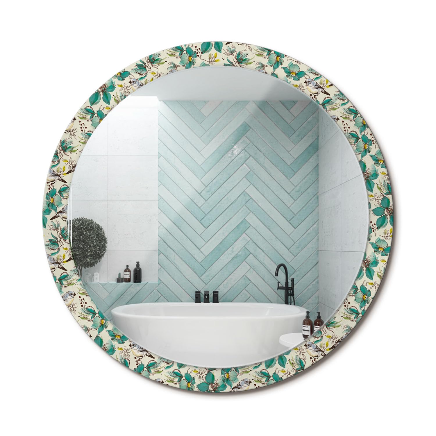 Miroir rond moderne fi100 salon chambre cadre graphique fleurs oiseaux