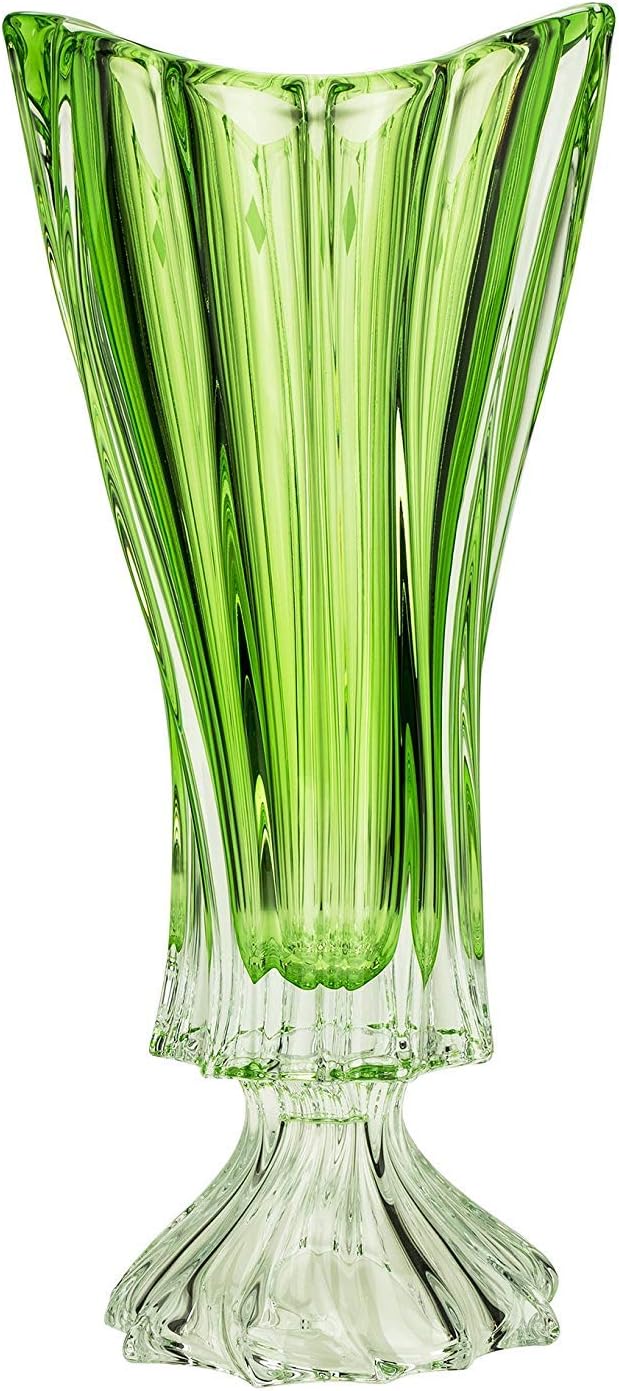 Bohemian Crystal Glass Footed Vase 16''-Height ''Plantica'' Green Decorative Wedding Gift Elegant Centerpiece Flower Vase Vintage European Design Classic Czech Crystal Glass