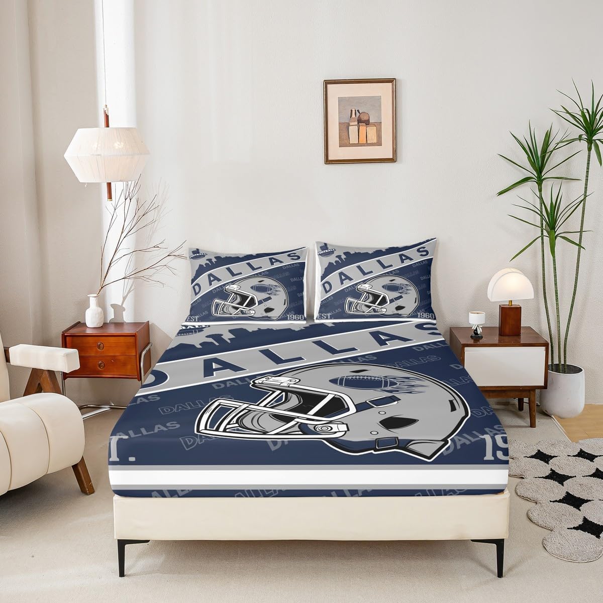 Classic Football City Helmet Fitted Sheets, American Football Theme Bedding Set Navy and Grey Sports City Silhouette Illustration Bed Sheets Full for Rugby Sports Fans Gift (Dallas)