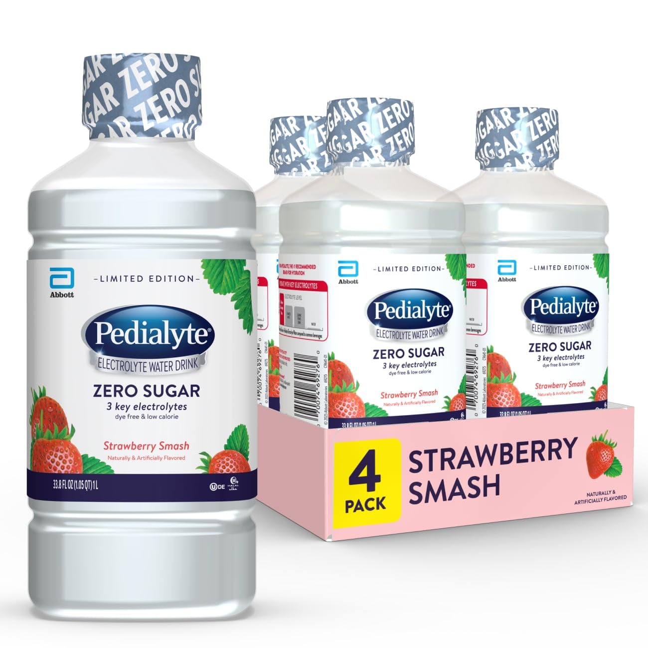 Pedialyte Electrolyte Water With Zero Sugar | Hydration With Key Electrolytes | Hydration Low in Calories | Strawberry Smash, 1 Liter, Pack of 4