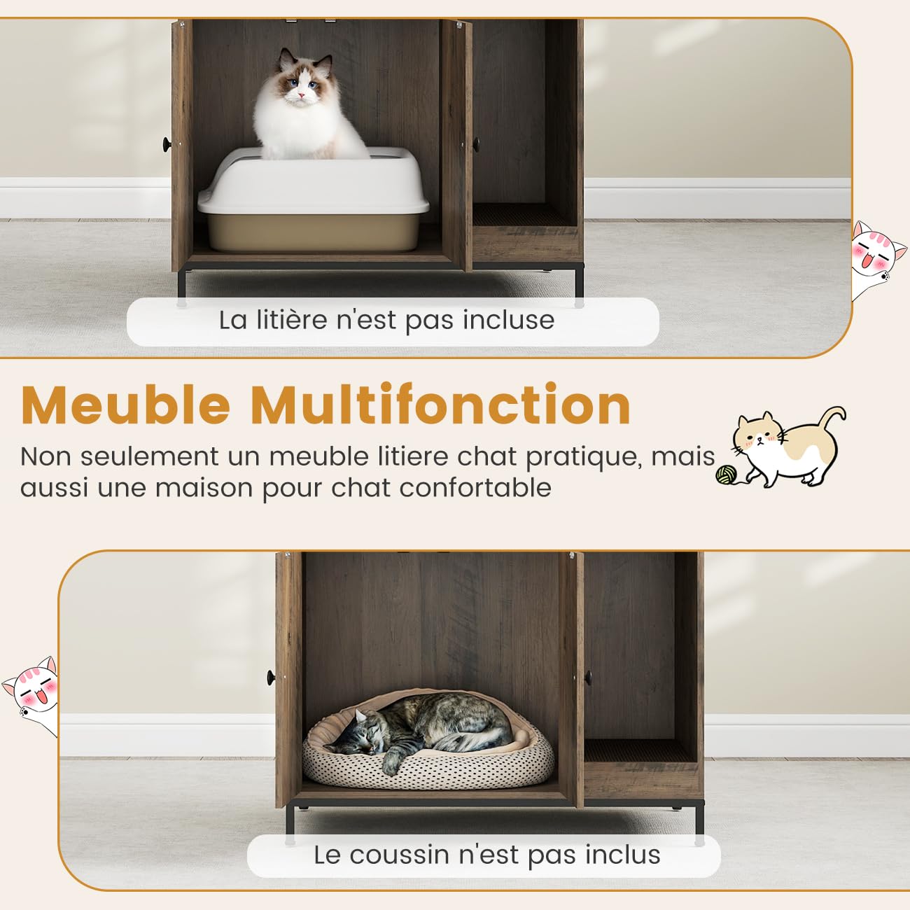 COSTWAY Meuble Litiere Chat, Planche à Griffer, Étagères de Rangement, 4 Crochets, Maison pour Chaton à 2 Portes, Barrière de Sécurité, Patins Réglables, Maison de Toilette Chat, 78 x 51 x 137 cm