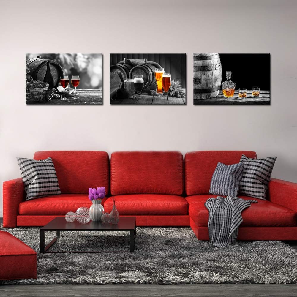 Nachic Wall - 3 Piece Kitchen Wall Art Whisky Beer Wine Pictures Canvas Prints for Dining Room Bar Decoration Still Life Painting Modern Western Wall Decor Framed Ready to Hang