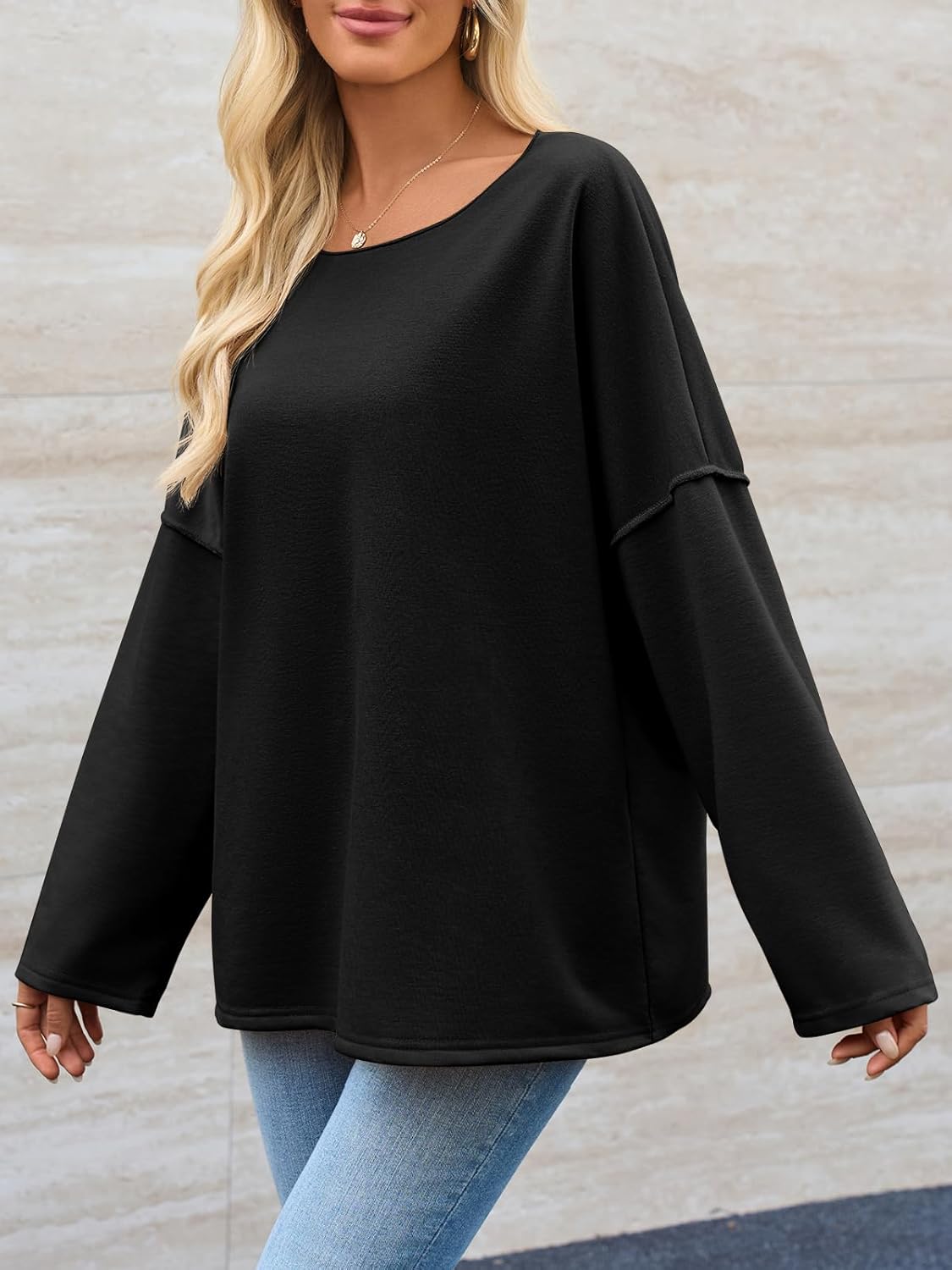 Tankaneo Womens Oversized Off The Shoulder Tshirts Summer Casual Long Sleeve Tunic Tops Boat Neck Loose Fit Flowy Sweatshirt - Image 4