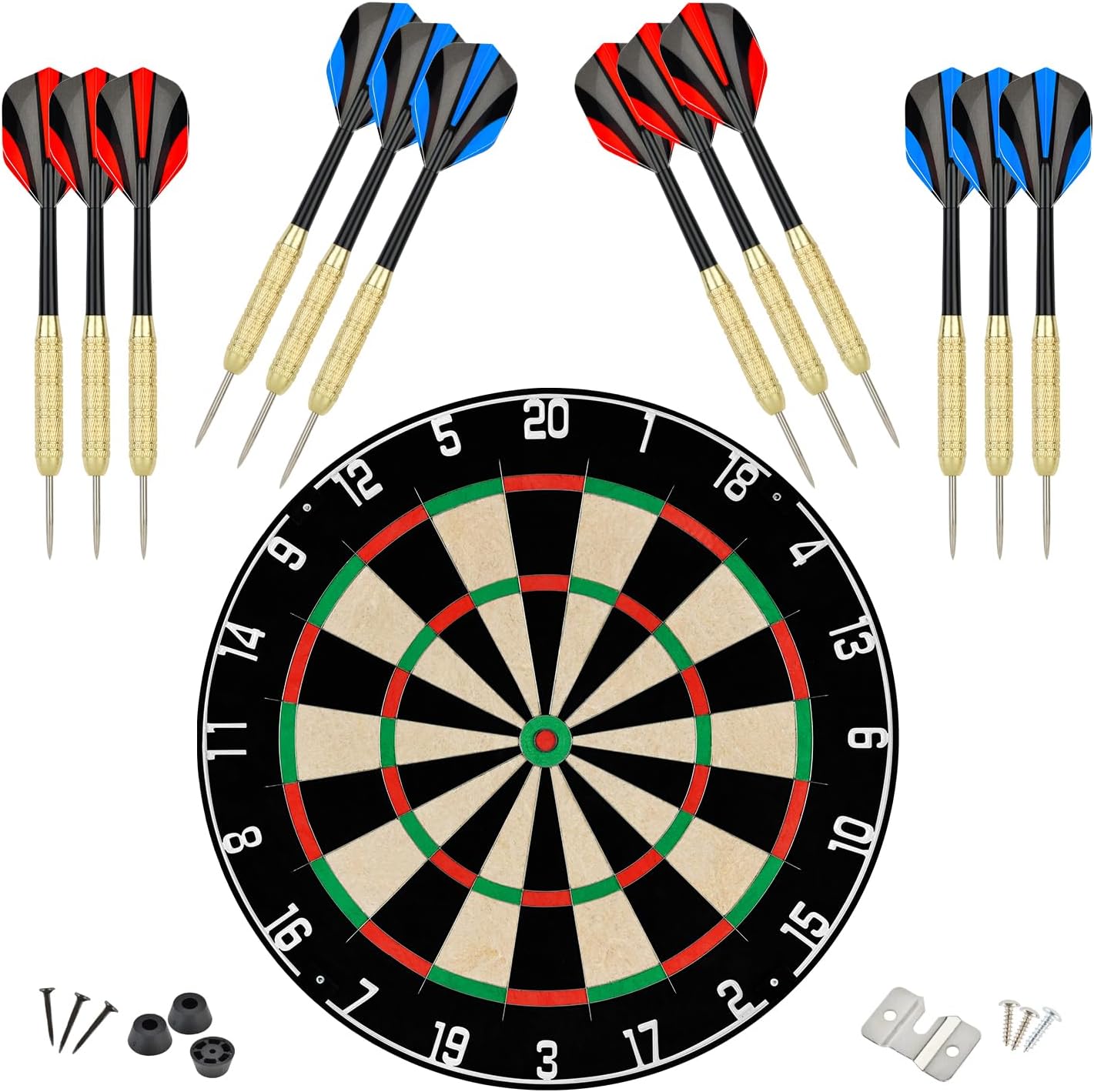 Dartboard with Staple-Free Bullseye Easily Recognizable Numbers 18g Steel Tip Darts Set 12 Steel Tip Darts 18g Mounting Kits Include DB-P