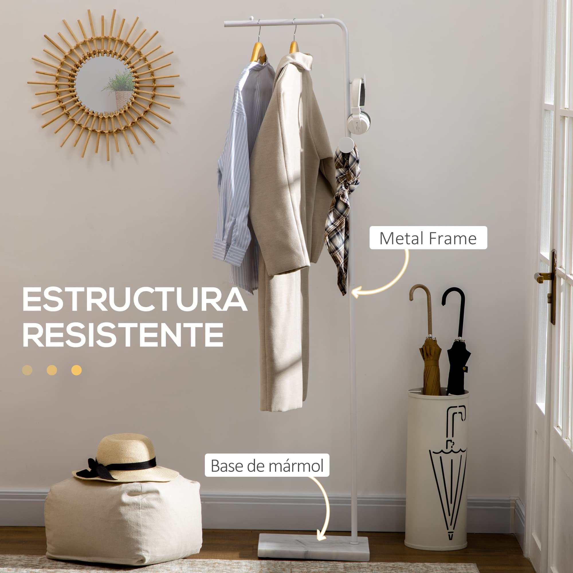 HOMCOM Perchero de Pie con Base de Mármol para Abrigos 35x25x170 cm Blanco