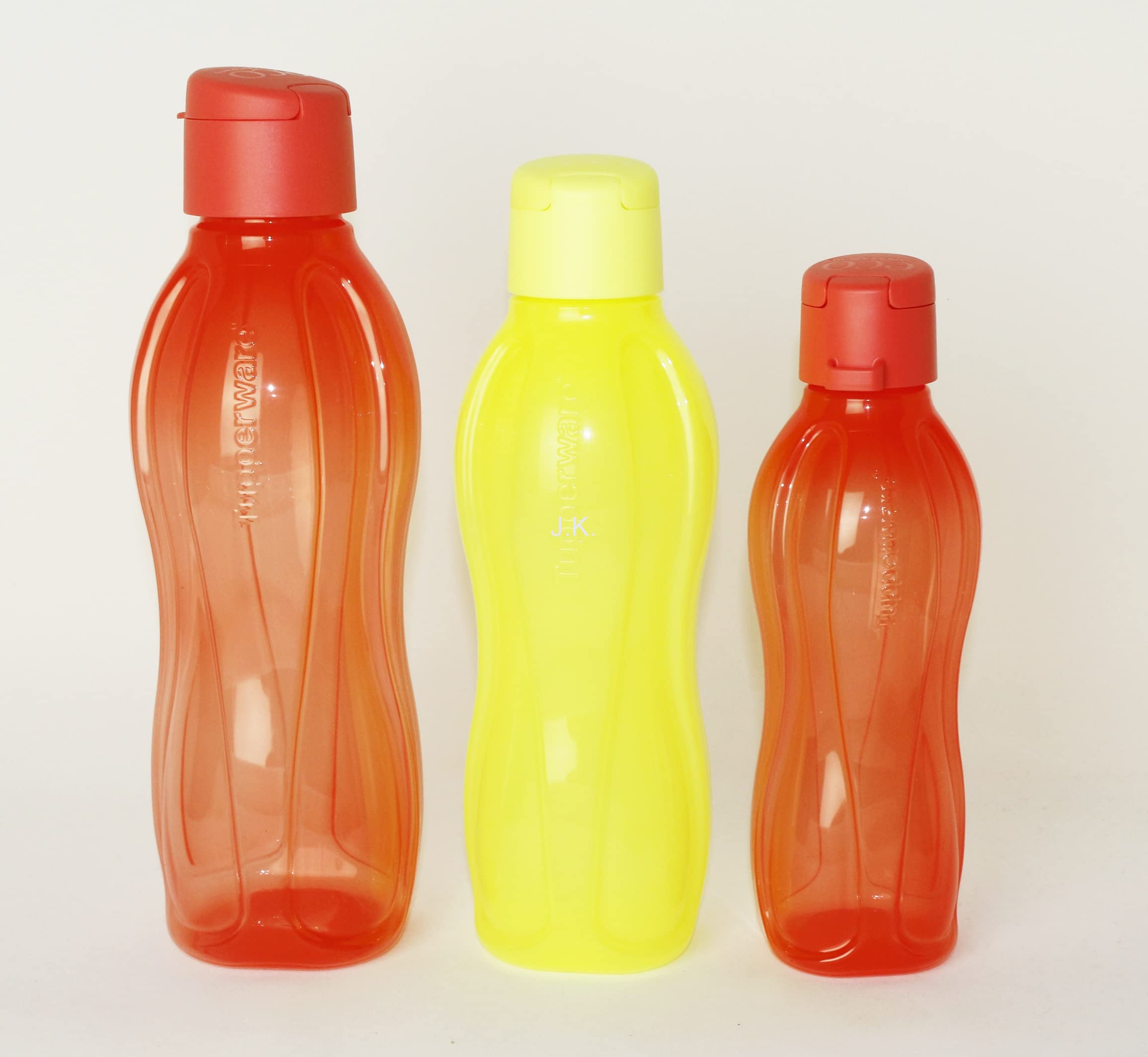 TUPPERWARE EcoEasy Trinkflasche 1L Lachs-Orange + 750ml Neongelb + 500ml Lachs-Orange + Kugelschreiber metallic