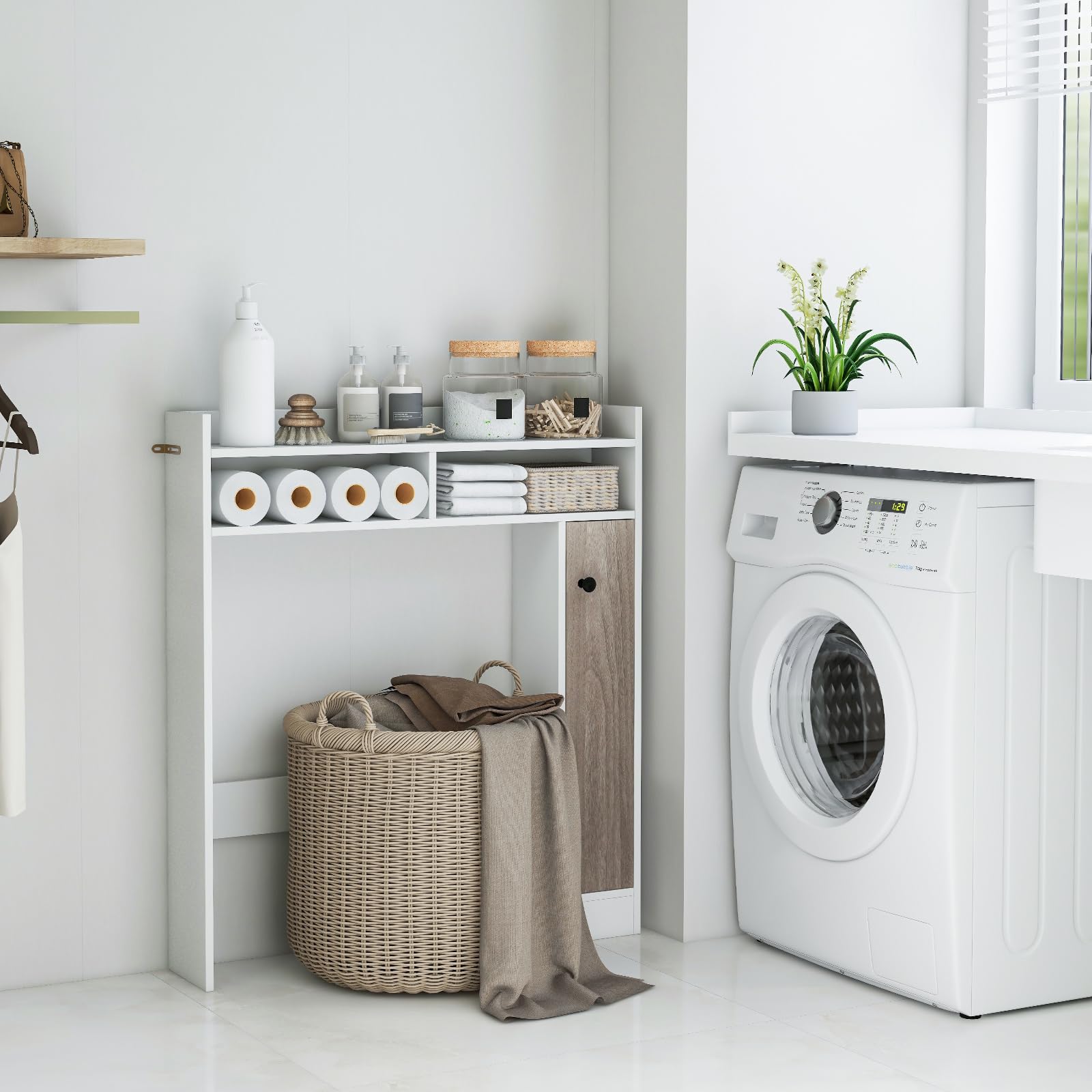 COSTWAY Meuble WC au-Dessus de Toilettes, Meuble de Salle de Bain avec 2 Compartiments et 1 Placard de Rangement avec Étagères Réglables, Dispositif Anti-basculement, 18 x 88 x 100 cm (Blanc)
