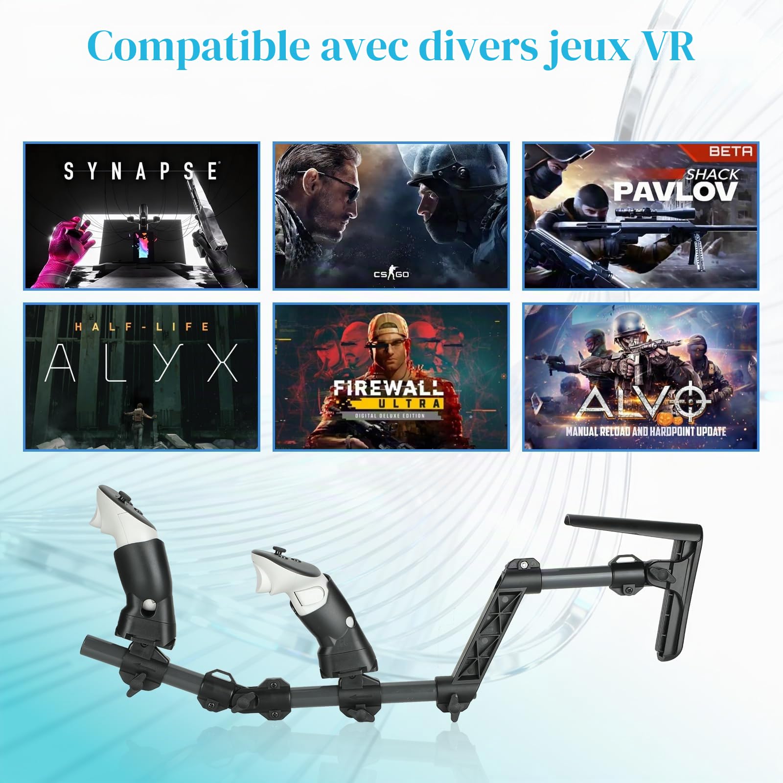 Crosse de Fusil pour MetaQuest 3,Crosse VR Compatible avec Les poignées de contrôleur VR Meta Quest3 pour améliorer la stabilité et Le contrôle Adaptateur de Crosse magnétique pour Fusil