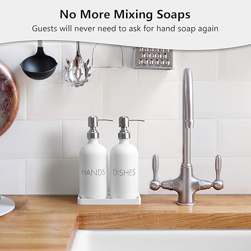 Miniatura 3 de Juego de dispensador de jabón blanco para platos y manos, dispensador de jabón de cocina de vidrio con bandeja y bomba de acero inoxidable, para