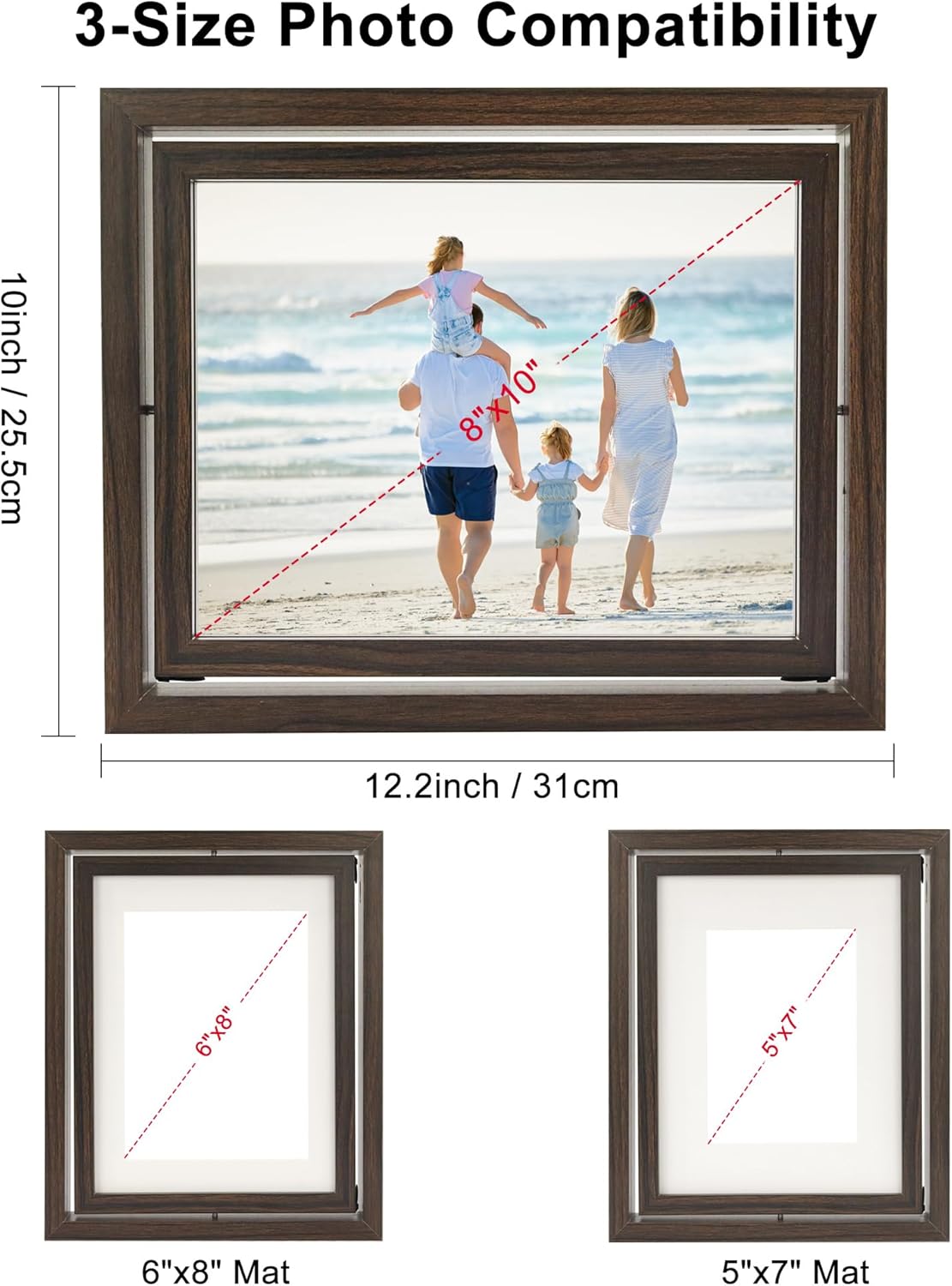 FramePro 2-Pack Rotating Double Sided Picture Frame - 8x10 Floating Double Plexiglass Desk Frames Vertical/Horizontal Display, Brown Wood with 5x7/6x8 Photo Mats