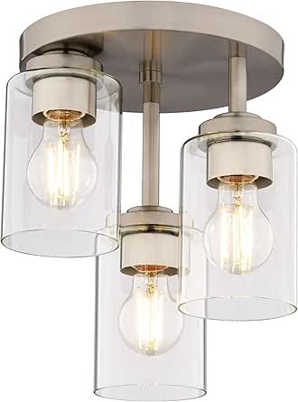 VAXCEL Park Ridge 3-Light 10.5 in. Wide Satin Nickel Transitional Cylinder Flush Mount Lighting Fixture, Clear Glass Shade, LED Compatible, for Low Ceilings, Bedroom, Hallway, Kitchen
